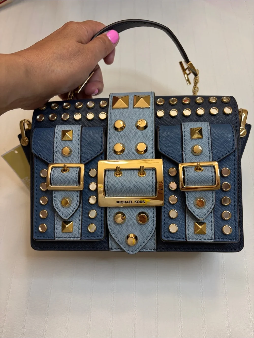 Michael Kors Navy and Light Blue Studded Shoulder Bag with Gold Chain
